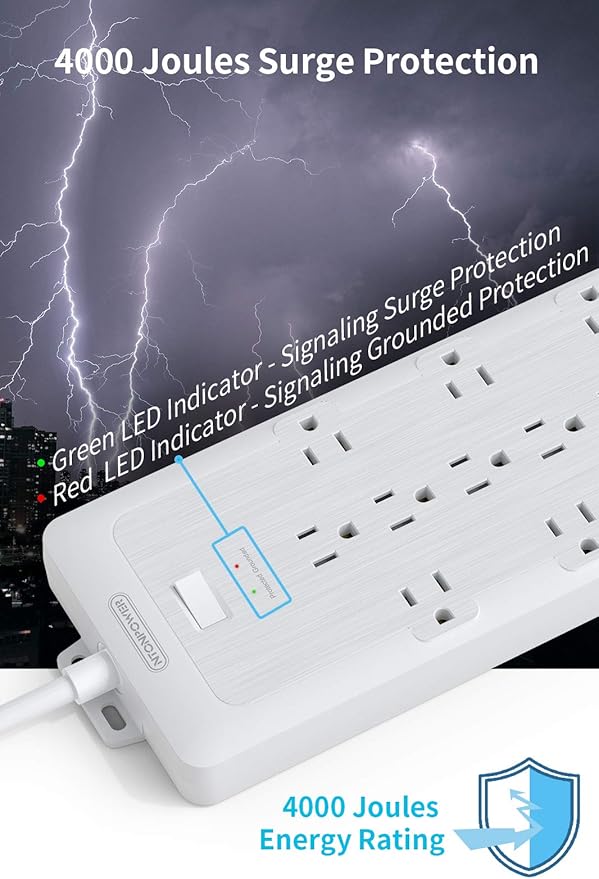 4000 Joules Surge Protector Power Strip, 12 Widely Spaced AC Outlets, Overload Protection, (1875W/15A) Heavy Duty Extension Cord 10 ft, Wall Mount, ETL Listed, Ideal for Home, Dorm Essentials, White