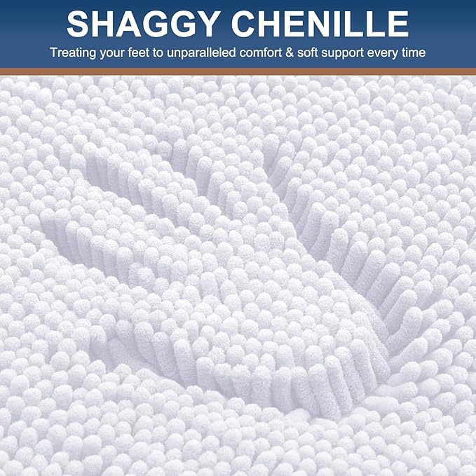 Smiry Luxury Chenille Bathroom Rugs 47x24, Extra Soft and Absorbent Shaggy Bath Mat, Machine Washable, Non-Slip Plush Carpet Runner for Tub, Shower, and Floor, Home Decor Accessories, White