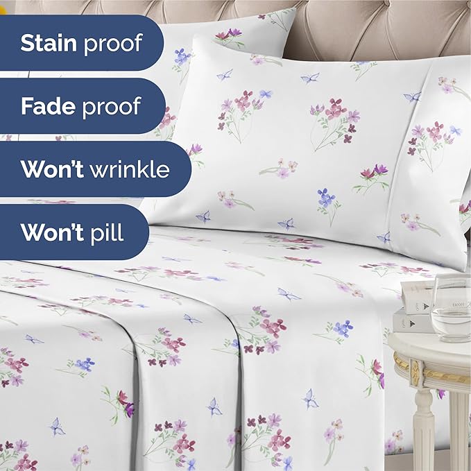 Floral Sheets - Butterfly Floral Bed Sheet Set - 1 Flat, 1 Fitted & 2 Pillowcases w/ Deep Pockets - Wrinkle & Fade Free - Boho Botanical Bedding - Ultra-Soft, Breathable and Cooling - Queen Size Set