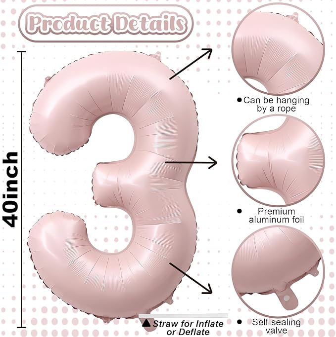 Pink Number 3 Balloon, 40 Inch Giant Pastel Light Pink Number Balloons 0-9 for Girls, Self Inflating Helium Foil 3rd Birthday Balloon 3 for Anniversary Baby Shower Coquette Princess Party Decorations