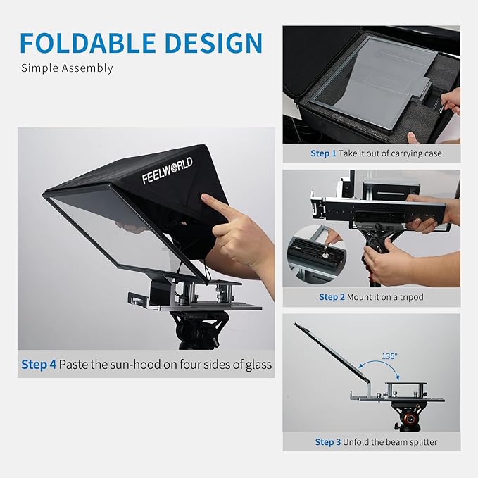 FEELWORLD TP16 16 Inch Folding Teleprompter for Up to 16" Tablet Horizontal Vertical Prompt for Live Streaming Interview Speech Online Teaching Vlogger with APP Remote Control Carry Case