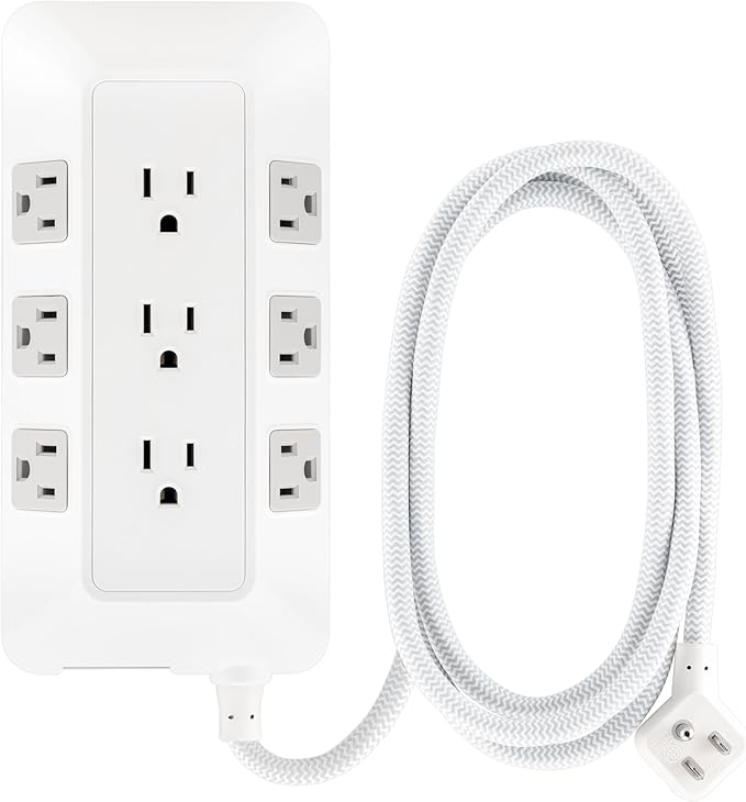 GE 9-Outlet Surge Protector, 2480J, 6ft. Braided Cord, Extensoin Cord for School, Home, Office, White – 82596