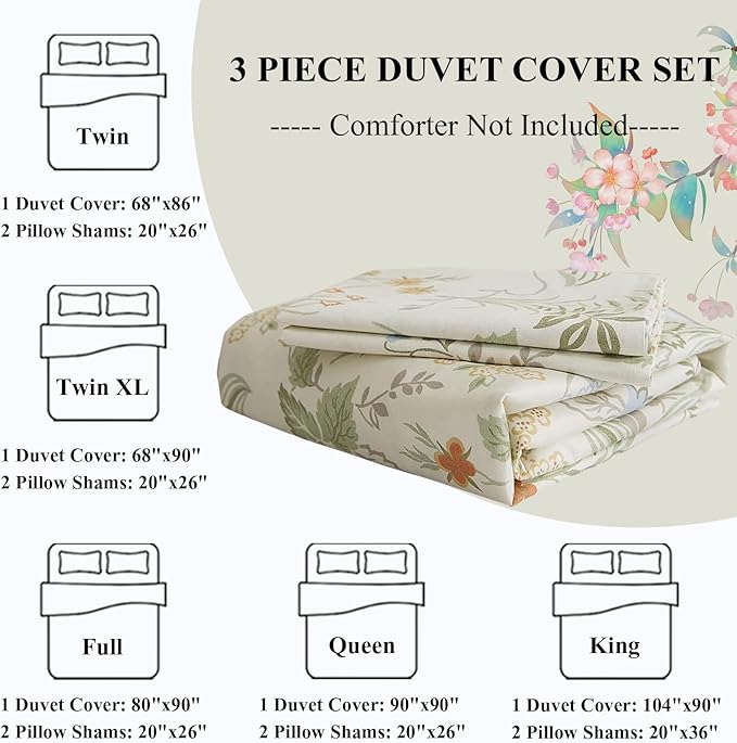 Vintage Style Floral Duvet Cover Queen Soft 100% Cotton Botanical Flower Bedding Set Aesthetic Floral Comforter Cover for Girls Women Chic Vintage Flower Cottagecore Duvet Cover with Zipper Closure