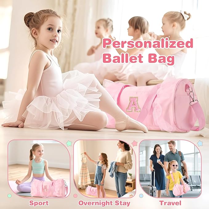 Personalized Initial Dance Bag for Girls 6-9, Medium Lace Gym Sport Yoga Cheer Dance Bags Gift for Teen Girls, Cute Letter Kids Ballet Bag Toddler Travel Duffel Tote with Adjustable Straps(Pink-A)
