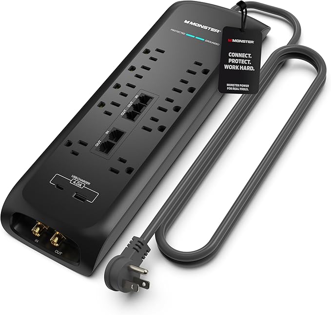 Monster Power Surge Protector w/ 4050 Joule Rating — Heavy Duty 6 FT Surge Protector Power Strip w/ 10 Outlets, 2 USB, 2 Coax, 2 Ethernet Ports — Fireproof MOV, Dual Mode, Clean Tech (Black)