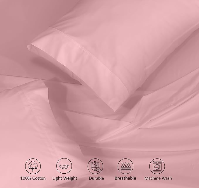 RUVANTI 100% Cotton Twin XL Sheet Sets, 3 Pieces, Soft & Breathable Percale Weave Bedding, Deep Pocket 16", Hotel Standard, Crisp Cool Feel, Durable, Perfect Size Dyed Sheets, Bridal Rose