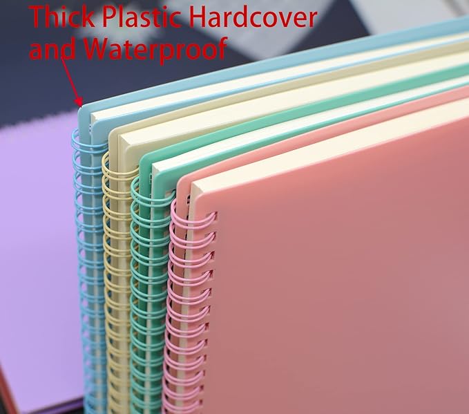 Yansanido Spiral Notebook, 4 Pcs 10.5 Inch x 7.45 Inch B5 Thick Plastic Hardcover 7mm College Ruled 4 Color 80 Sheets -160 Pages Journals for Study, Work, Travel and Notes (B5, 4 Pcs Light Color)