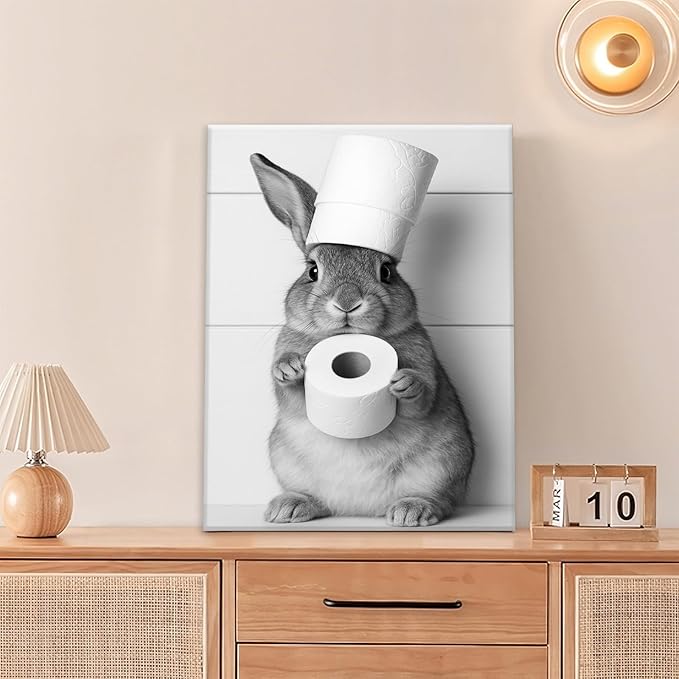 Bunny Bathroom Wall Art, Rabbit Pictures Wall Decor, Animal Canvas Prints Painting, Framed Artwork For Bathroom Living Room Bedroom Office Dining Room 24"X20"