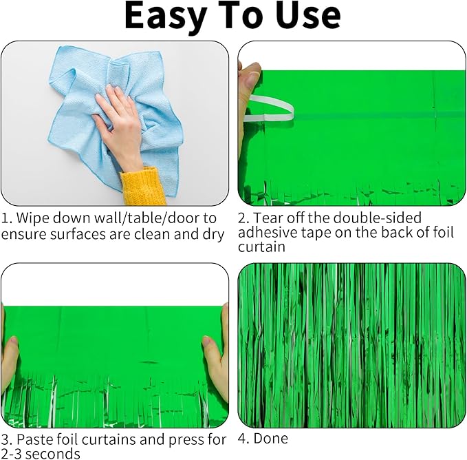 Thicken Green Streamers 2 Pack 3.2 x 8.2 FT, Green Birthday Decrorations Tinsel Backdrop Curtains, Foil Fringe Photo Backdrop for Dinosaur, Football, Christmas, Jungle, Golf Party Decorations