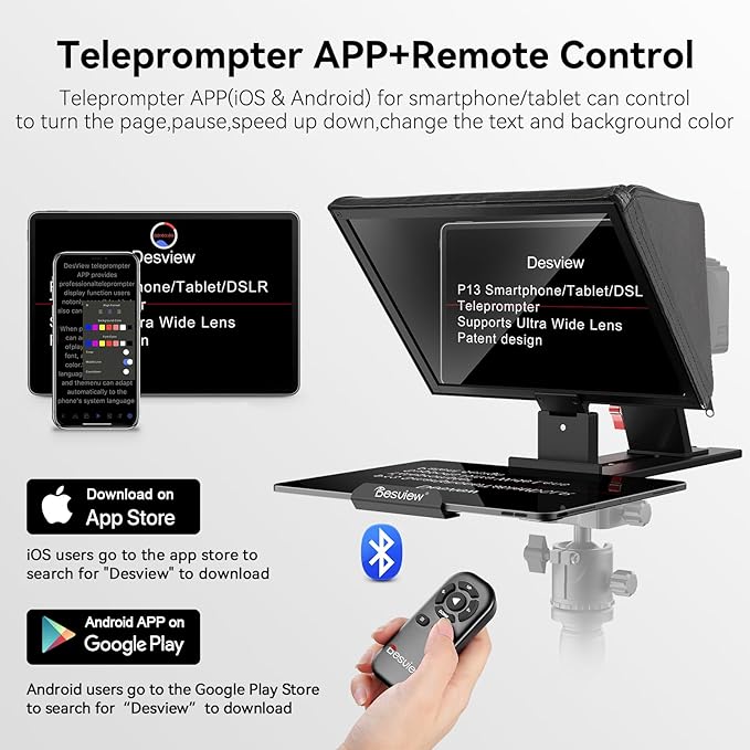 Desview P13 Teleprompter 13 Inch Aluminum Alloy with High Definition Glass, Compatible with iPad Tablet Phone DSLR, Portable No-Assembly Design for Video Recording