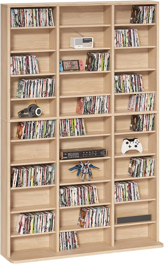 LELELINKY 11 Tier Tall Display Cabinet, Natural Media Storage Cabinet with Adjustable Shelves, Free Standing DVD Organizer Shelf, Multimedia Storage Manga Bookshelf for Living Room & Home Office.