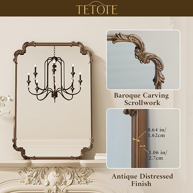 TETOTE Baroque Gold Antique Brass Scroll Wall Mirror 48 x 30 Vintage Rectangle Framed Baroque French Rectangular Mirror for Mantle Fireplace Bathroom Living Room, Horizontal/Vertical