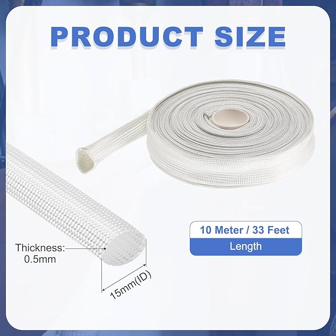 uxcell Insulation Cable Protector,15mm/0.59 Inch-10m/33 Feet High Temp Fiberglass Sleeve White