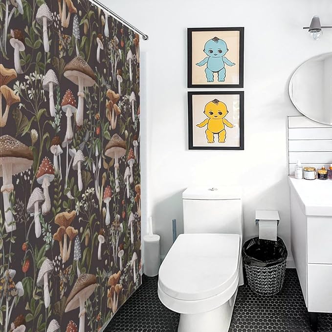 Mushroom Shower Curtain, RFarmhouse Country Wild Floral Botanical Mushroom Cottagecore Nature Plants Leaves Herbs Black Waterproof Fabric Bathroom Shower Curtain Set with Hooks, 72"x84" Inch