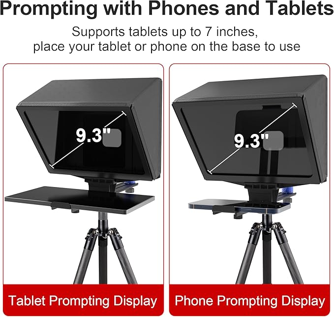 9.3-Inch All-Metal Teleprompter, 70/30 Beam Split Glass, 1/4’’ Thread, Phone & Camera Compatible, Portable for Video Recording