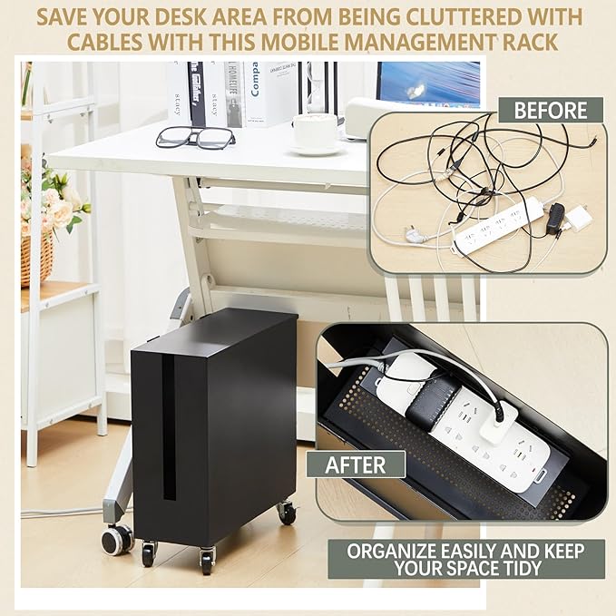 Extra Large Cable Management Box with Caster Wheels Adjustable Cord Hider Box for Power Strip Metal Router Hider Organizer Surge Protector Storage Organizer for Office, Home (Black)