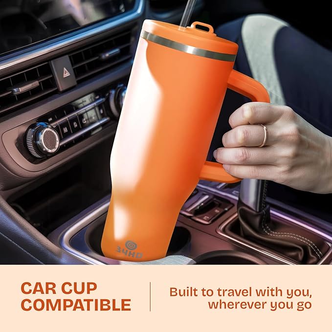 34HD 40 oz Stainless Steel Tumbler - Leakproof Insulated Water Bottle with Handle, Magnetic Lid and Flexible Straw - Iced for 48 Hours – Perfect for Men, Women, Birthday Gift, Orange - Tangerine Glow