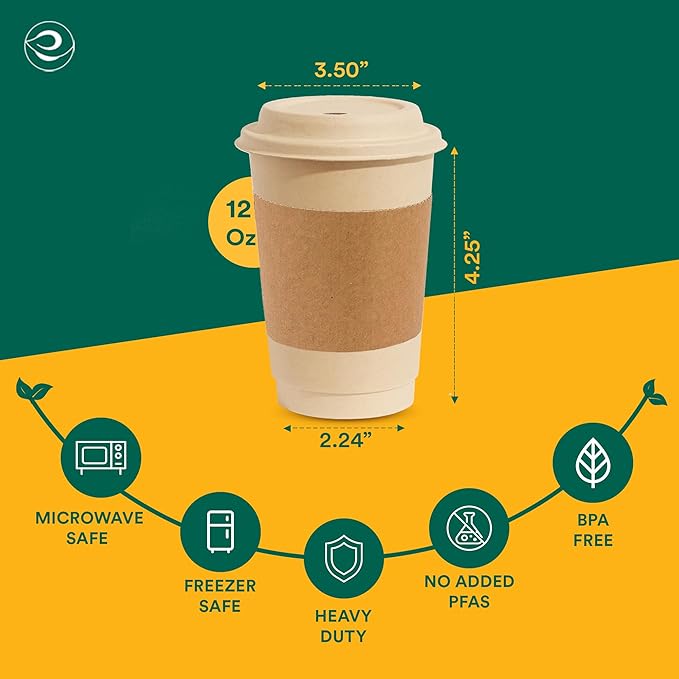 ECO SOUL 50 Pack 12 oz Disposable Coffee Cups with Lids & Sleeves Eco-Friendly, Biodegradable, Compostable, Leak-free & Sturdy To Go Hot Drink Cup for Tea, Chocolate Party Travel Cafe Office & Home