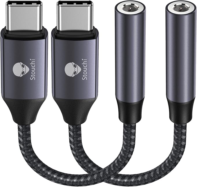 Stouchi USB C to 3.5mm Audio Adapter (2 Packs) Type C Headphone Dongle Jack Cable Cord Hi-Fi DAC Chip for iPhone 17/16 /15, Pixel 9/8 /7/6, iPad, Samsung Galaxy S25 S24 S23 Ultra - Grey