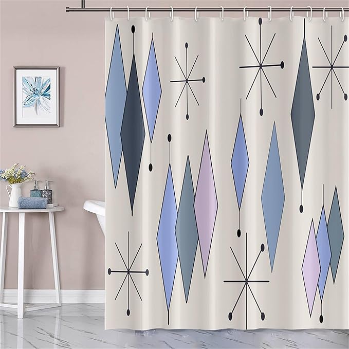 Mid Century Turquoise Shower Curtain Abstract Grey Blue Diamond Geometric Atomic Starburst Pattern Beige Backdrop for 1950s Retro Bathroom Decor Shower Curtain Set with 12 Hooks, 72x96 Inches