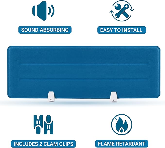Desk Divider Panel, 34.6" x 11.8", Blue – Clamp-On with 2 L-Clips, Soundproof Noise Reducing Privacy Screen for Office or Home Desk, High Quality Polyester