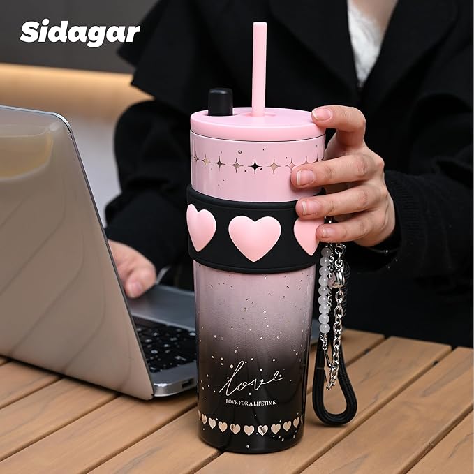 24 oz Stainless Steel Tumbler with Lid and Straw, Insulated Coffee Mug, Leak Proof, Portable Iced Travel Water Bottle, Reusable Thermal Coffee Cup Gift for Women, Pink