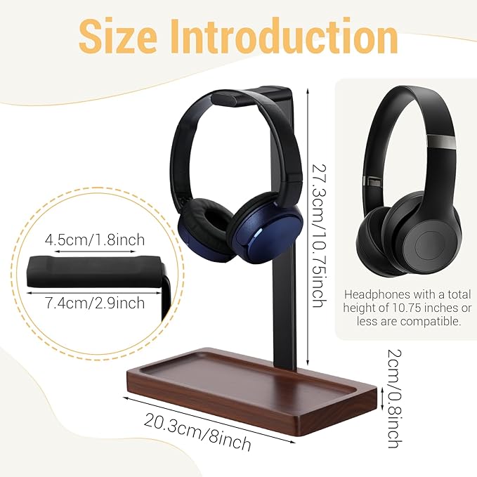 Fiwochic Walnut Wood Headset Holder, Desktop Headphone Stand, Universal Headphone Holder with Storage Base for Gaming, Music Headsets