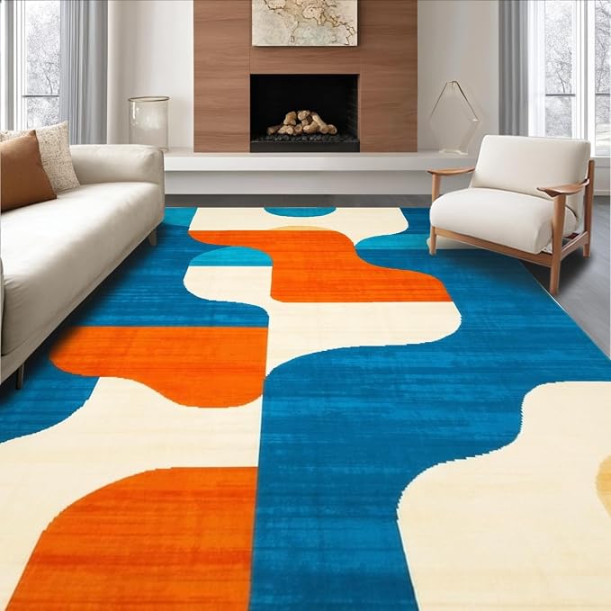 Flatwoven High Traffic Area Rug 8x10, Mid Century Motif Mastery, Non Slip, Stain Resistant, Washable Area Rugs for Living Room, Bedroom (Blue, 8x10)