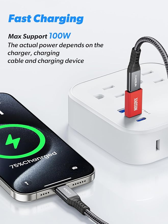 XAOSUN 10Gbps USB to USB C Adapter 3 Pack, 3.1 USBC Female to USB Male Adapter, One-Sided SuperSpeed Data Sync, 100W Fast Charging for iPhone 16 15 14 13, Laptop, Charger, Quest Link, etc, Red