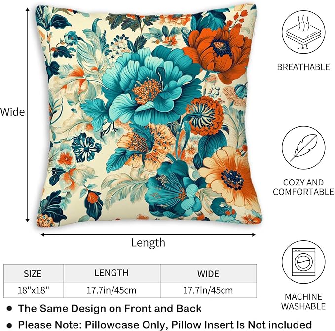 Floral Throw Pillow Covers 18x18 Set of 2, Flower Pillowcase for Couch, Sofa, Living and Bed Room, Vintage Home Decoration with Zipper Closure