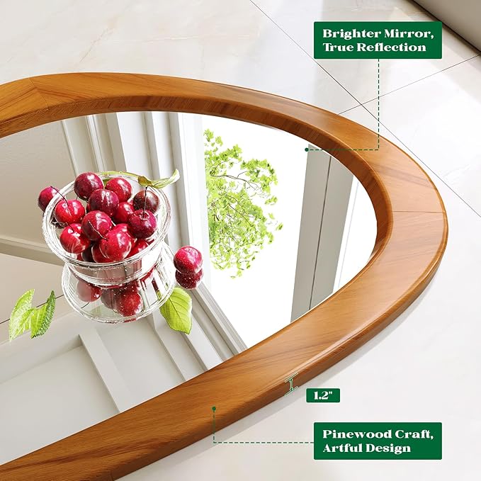 Mid Century Modern Mirror, 28x48 Inch Irregular Wall Mirror, Asymmetrical Wall Mirrors with Pine Wooden Frame for Living Room Bedroom Bathroom Entryway Hangs Horizontally or Vertically