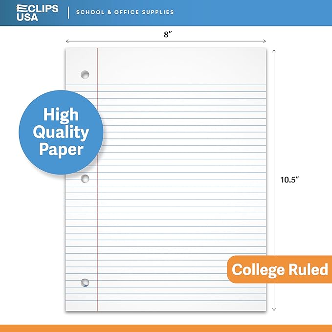 Loose Leaf Paper College Ruled Notebook Paper College Ruled Lined Writing Filler Paper 10.5” x 8” 1200 Sheets 100 Sheets Per Pack 60 gsm (12 Pack)