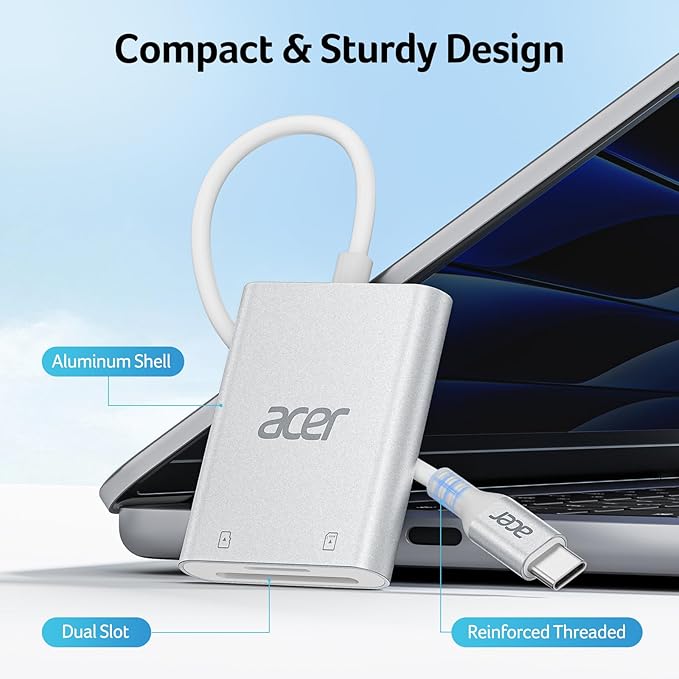 Acer SD Card Reader USB C, Dual Slots Type C to Memory Card Reader, Aluminum Micro SD Card Camera Adapter for MicroSD, SDHC, SDXC, Compatible with iPhone16/15, MacBook, Android, Laptop-Silver