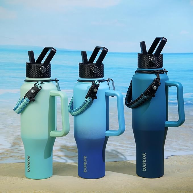 BJPKPK Insulated Water Bottles with Straw Lid, 23oz Metal Water Bottle with 2 lids & Paracord Strap, Double Wall Stainless Steel Vacuum Tumblers, Cups, Mugs, Thermo for Hot& Cold Drinks, Sea