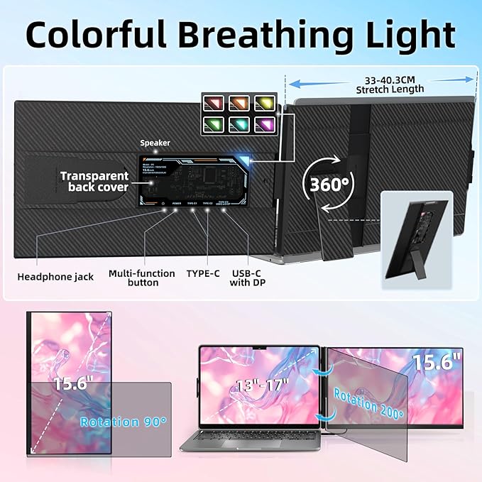 BKVOO Laptop Screen Extender Dual Monitor - 15.6" Portable Monitor Detachable IPS 1080P FHD 85% NTSC Travel Screen USB-C HDMI Port Compatible with Wins Mac Chrome Dex Fits 13-17" Laptops