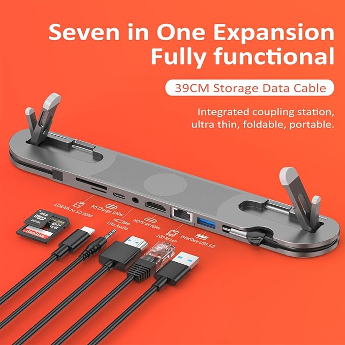 Aluminum USB C Laptop Stand 7 Port Expansion Adapter 4K60Hz 100W Charging Gigabit Ethernet Card Reader Foldable Computer Type C Docking Station