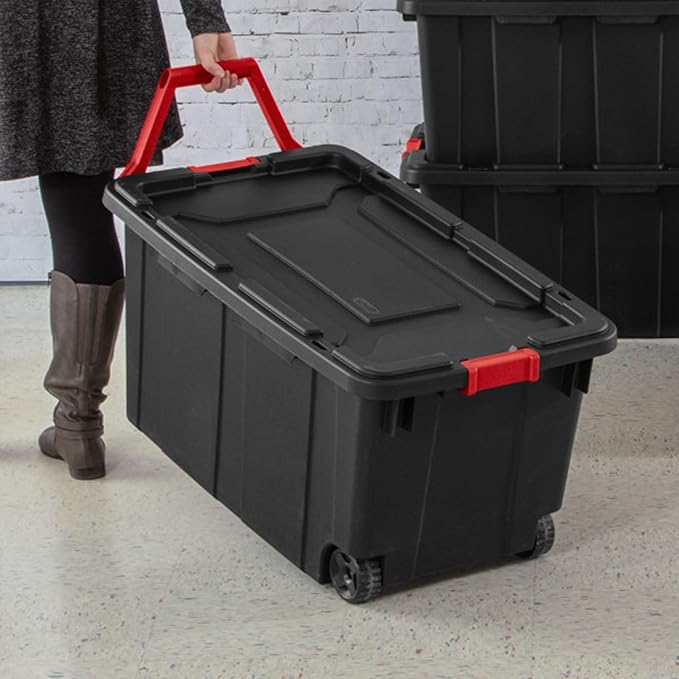 Sterilite 4-Pack Industrial Tote, Heavy-Duty Storage Bins w/Lids and Wheels, 40 Gallon - Stackable Organizing Containers for Home, Garage, Office, and Basement