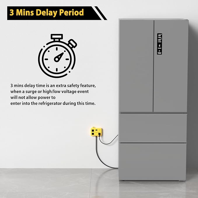 3 Outlets Refrigerator Surge Protector for Home Appliances with Time Delay, 2FT Wall Mount Protector de Voltaje Protects Against Brownout, Spike, Instant Surge All Voltage Abnormalities. ETL Listed.