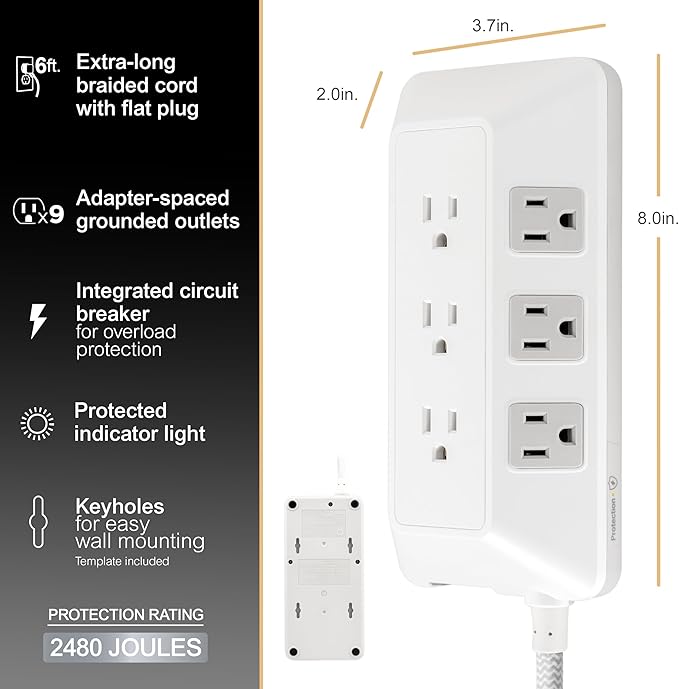 GE 9-Outlet Surge Protector, 2480J, 6ft. Braided Cord, Extensoin Cord for School, Home, Office, White – 82596