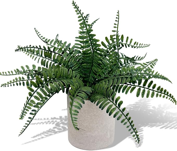 Coferset Small Fake Plant 12.5" Fern Potted Artificial Plants for Shelf Home Bathroom Office Decor(Gray Pot)