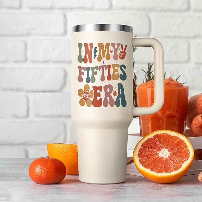 Shqiueos 50th Birthday Gifts for Her 40oz Tumbler with Handle and Straw Lid, 50 Year Old Gifts for Women, Mom, Wife, Sister, Friend, 50s Birthday Decoration-In My Fifties Era Cup Water Bottle