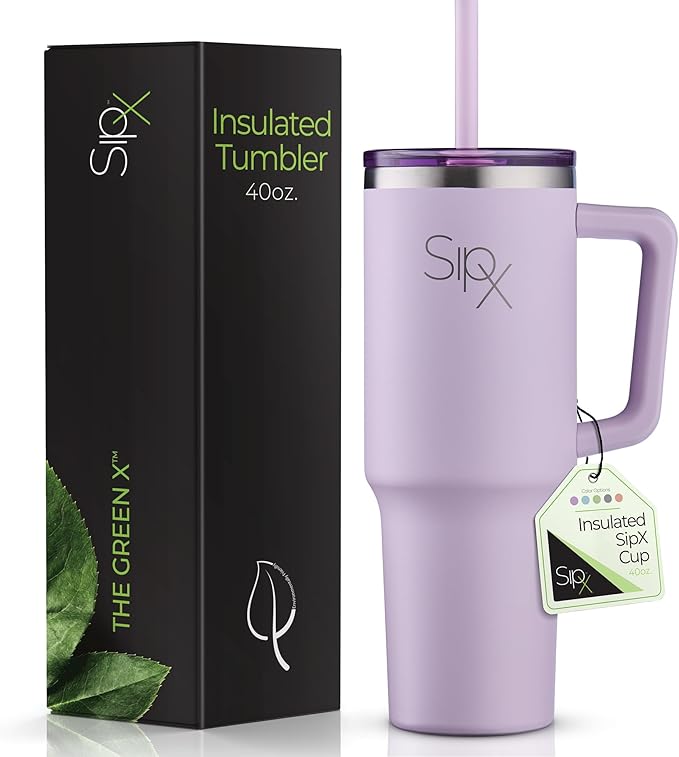 SIPX™ 40 oz Insulated Tumbler with Handle & Straw – Vacuum Insulated Stainless Steel, Leakproof, Cupholder Friendly – Perfect for Iced Coffee, Water & Travel – Purple