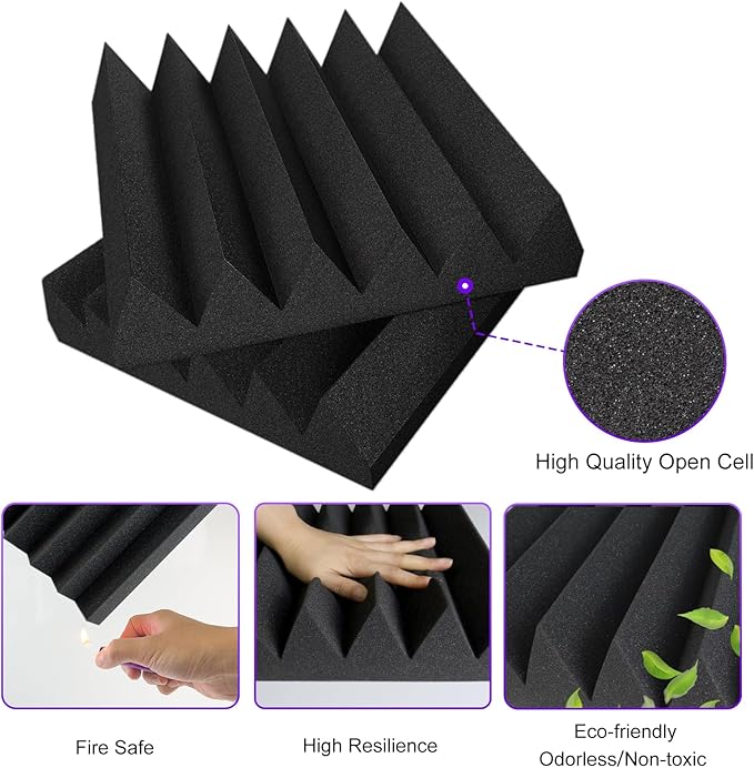 TroyStudio Thick Acoustic Foam Panels, 12 X 12 X 3 Inch 12 Pcs Broadband Sound Absorbing Foam, Dense Soundproof Padding Tile, Recording Studio Foam Absorber, Wedge Decorative 3D Wall Ceiling Panel