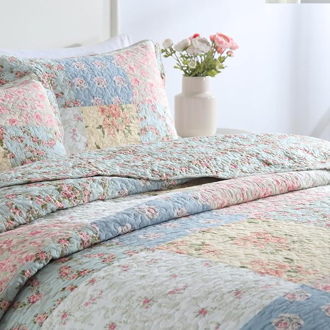 Cotton Bedspread Quilt Bedding Sets 3 Pieces Reversible Coverlet Sets Comforters Green Rose Floral Patchwork Bedspread, King Size