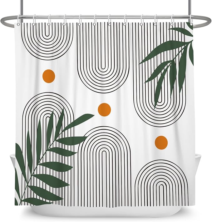 Boho Mid Century Shower Curtain Bohemian Minimalist Geometric Arch Sun Bathroom Curtain Sage Green Plant Polyester Shower Curtain Sets for Bathroom Extra Long 72x96 in with 12 Hooks