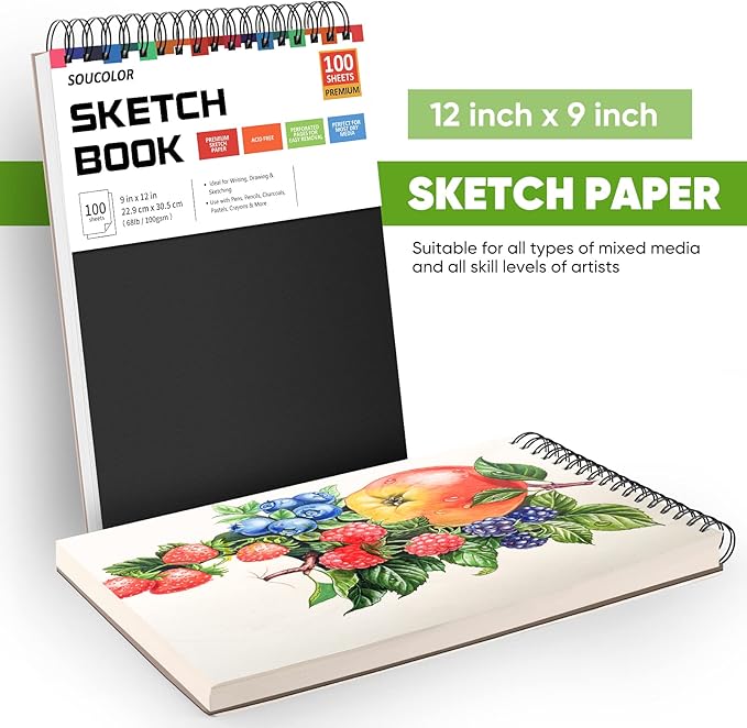 Soucolor 9" x 12" Sketch Book, 100 Sheets Top Spiral Bound Sketchbook with Acid-Free 68lb/100gsm Drawing Paper, Art Sketch Pad for Kids, Adults & Artist, Professional Art Supplies for Beginners