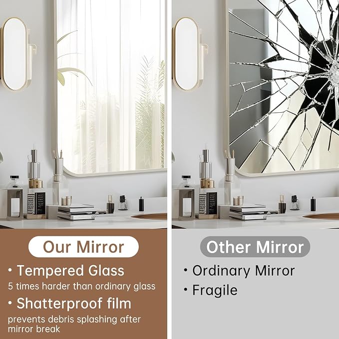 Brushed Nickel Mirror, 24"x32" Rectangle Bathroom Mirror, Metal Frame Rectangle Corner Vanity Mirror, Wall Mounted Mirror for Modern, Living Room, Bedroom, Horizontal Or Vertical