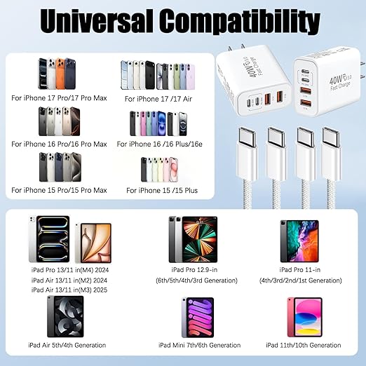 iPhone 17 16 Charger,4-Port USB C Charger Block Fast Charging 2Pack 40W Apple Wall Charger with 10FT USB C to C Woven Braid Cable Cord for iPhone 17 Pro Max/17 Pro/17/Air/16e/16 Pro Max/16 Plus/15