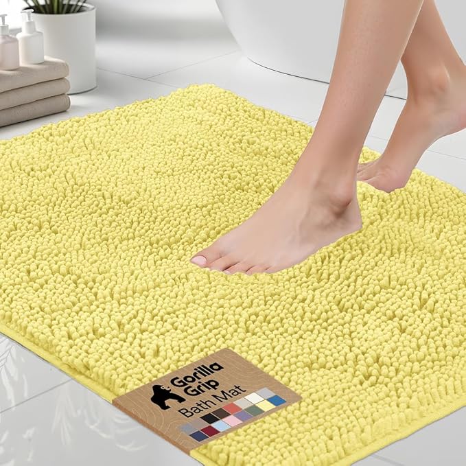 GORILLA GRIP Bath Rug Mat 44x26, Thick Soft Absorbent Chenille, Quick Dry Microfiber Mats, Rubber Backing Washable Shower Floor Rugs, Bathmat Runner, US Designed Bathroom Home Decor Accessories Yellow