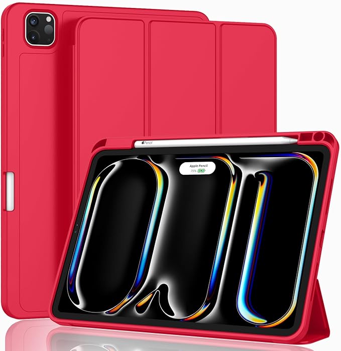 ZryXal iPad Pro 11 Inch Case (M5) 2025/ (M4) 2024 (Model: A2836/A2837/A3006), Trifold Stand Smart Cover with Pencil Holder and Soft TPU Back, Auto Wake/Sleep (Red)